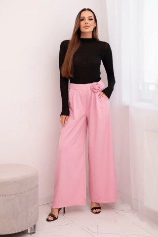 Spodnie damskie eleganckie z szeroką nogawką i ozdobnym kwiatem cukierkowy róż