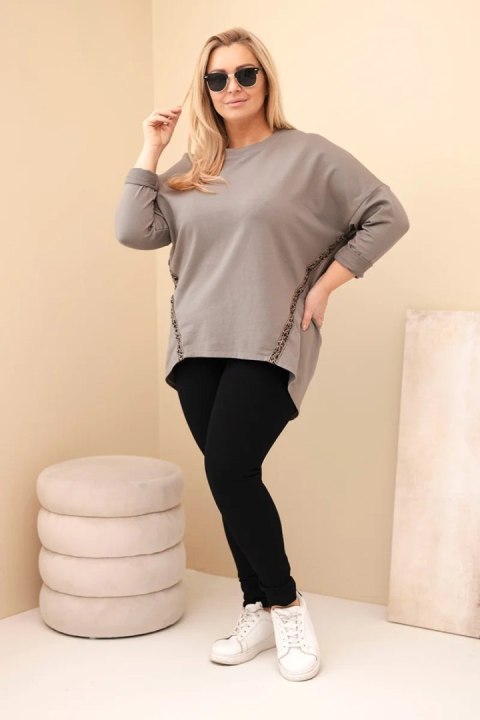 Bluzka damska Plus Size bawełniana z podwijanym rękawem i lampasem w panterkę fango