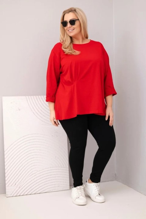 Bluzka damska plus size z bawełną z długim rękawem i marszczeniem czerwona