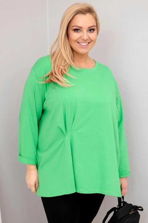 Bluzka damska plus size z bawełną z długim rękawem i marszczeniem jasno zielona
