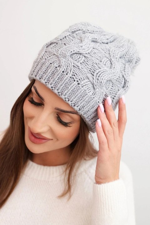 Czapka damska zimowa wełniana z grubym warkoczowym splotem K458 szara