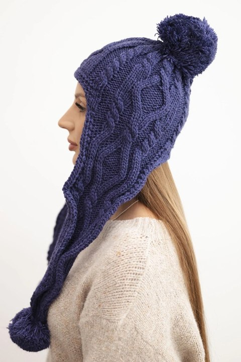 Czapka damska zimowa wełniana z pomponami i przedłużanymi bokami K448 fioletowa