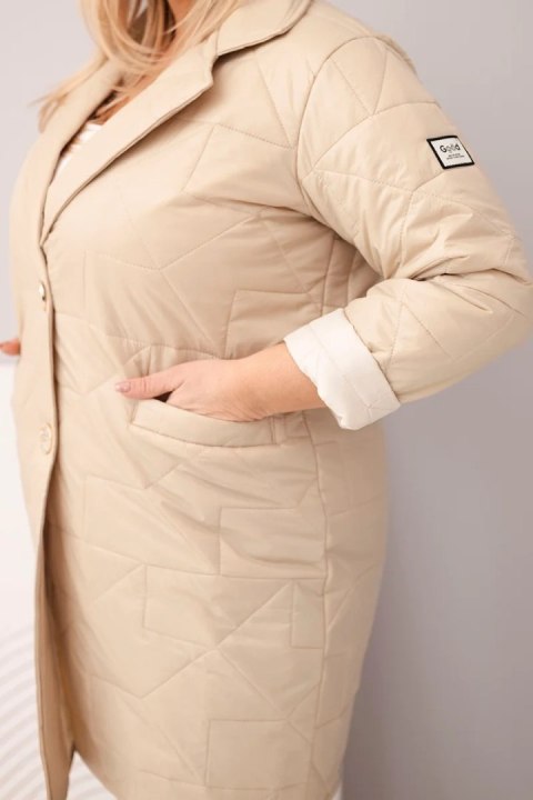 Kurtka damska Plus Size pikowana z ozdobnymi guzikami i kołnierzem ciemno beżowa