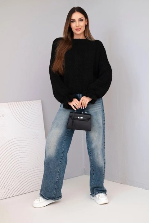 Sweter damski z dodatkiem moheru z grubym splotem i ozdobnymi rękawami czarny