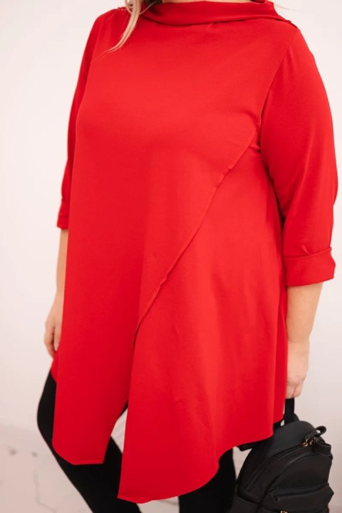 Bluzka damska bawełniana Plus Size asymetryczna z podwijanym rękawem czerwona