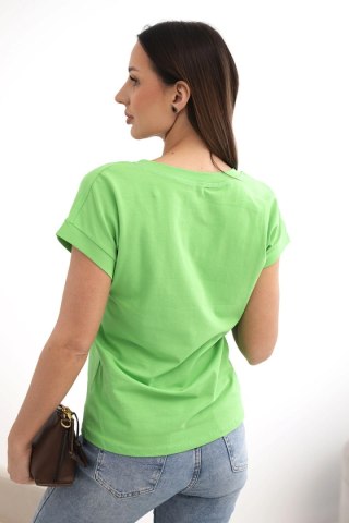 Bluzka damska bawełniana z dekoltem V i krótkim rękawem jasno zielona