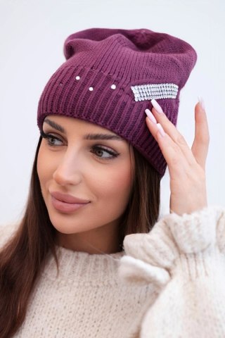 Czapka damska wełniana zimowa z ozdobnym paskiem cyrkonii K402 ciemno fioletowa