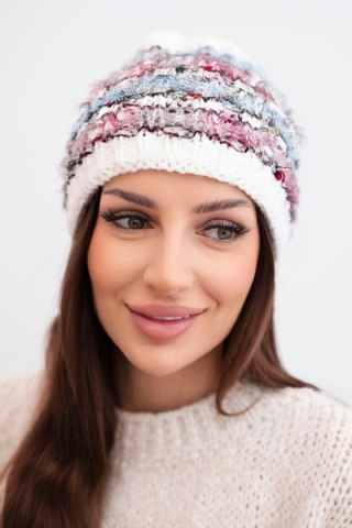 Czapka damska zimowa z kolorową przędzą i elastycznym ściągaczem K352 biały+niebieski+ciemny różowy