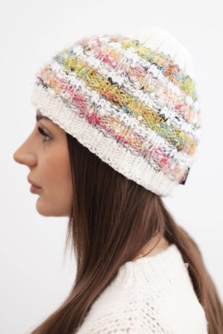 Czapka damska zimowa z kolorową przędzą i elastycznym ściągaczem K352 biały+zielony+różowy neon