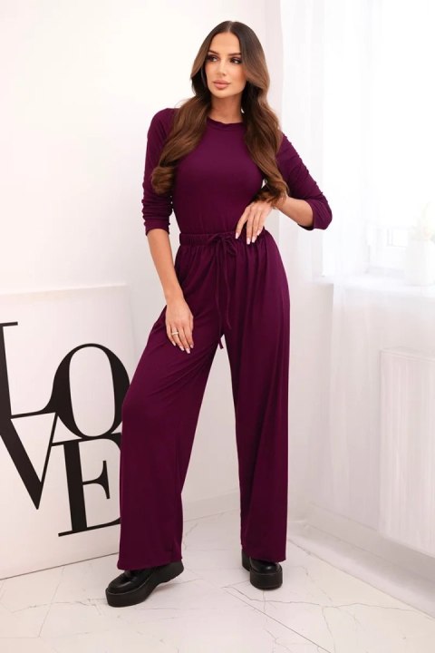 Komplet damski wiskozowy z bluzką i szerokimi spodniami ciemny fioletowy