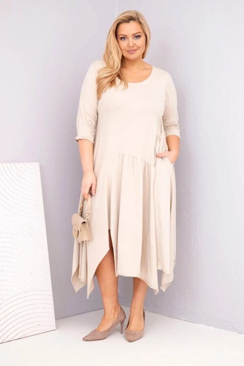 Sukienka damska bawełniana Plus Size z asymetrycznym dołem beżowa