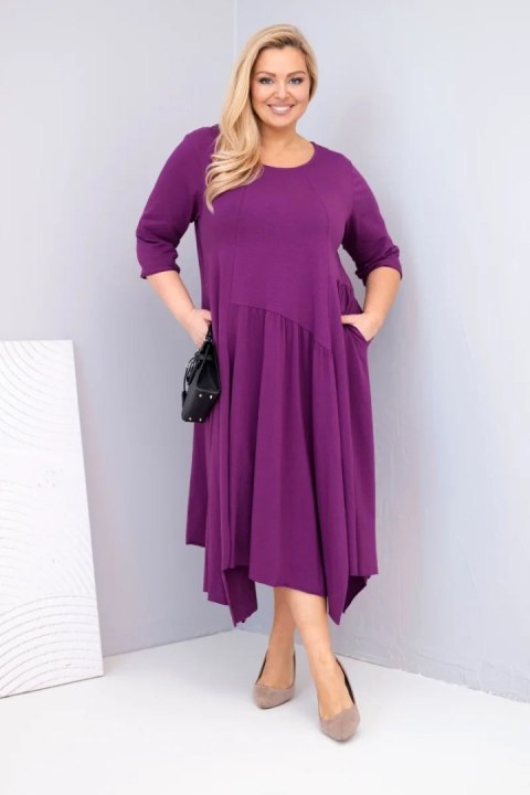 Sukienka damska bawełniana Plus Size z asymetrycznym dołem ciemno fioletowa