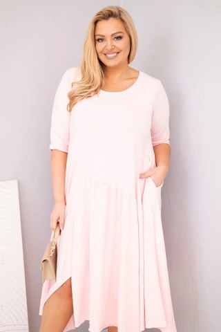 Sukienka damska bawełniana Plus Size z asymetrycznym dołem pudrowy róż