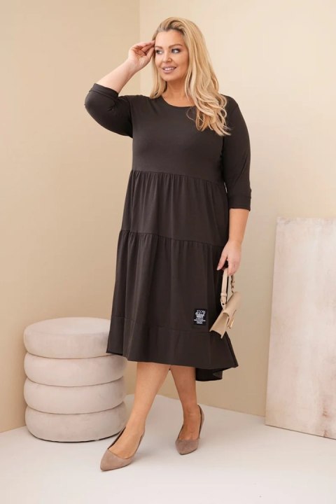 Sukienka damska bawełniana Plus Size z falbanami i podwiniętym rękawem brązowa