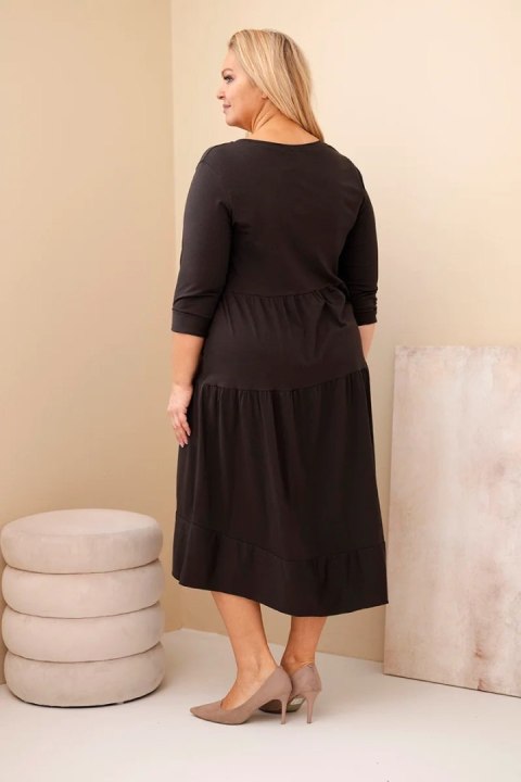 Sukienka damska bawełniana Plus Size z falbanami i podwiniętym rękawem brązowa