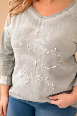 Bluzka damska Plus Size przecierana z napisem i perełkami khaki