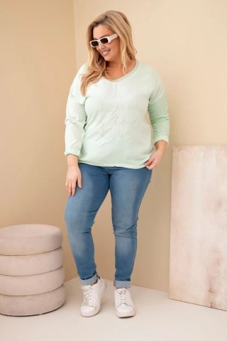 Bluzka damska Plus Size przecierana z napisem i perełkami miętowa