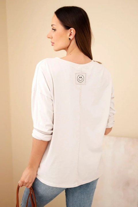 Bluzka damska bawełniana z dekoltem V z długim rękawem beżowa