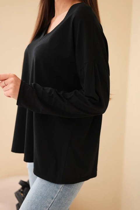 Bluzka damska bawełniana z dekoltem V z długim rękawem czarna