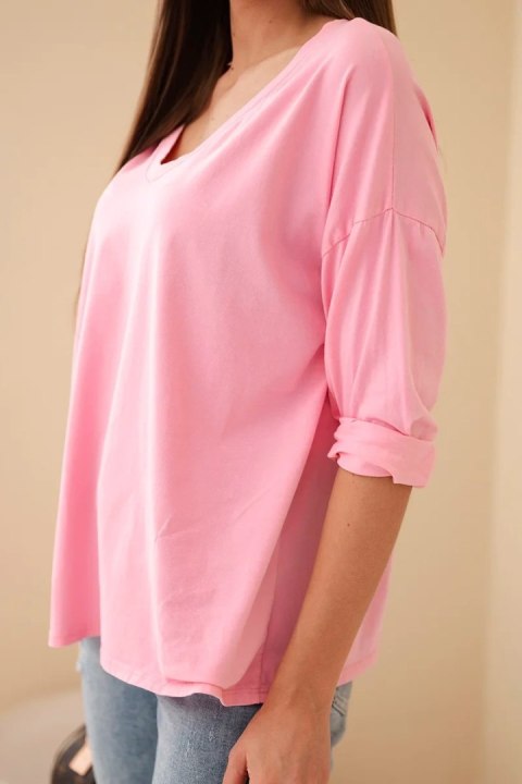 Bluzka damska bawełniana z dekoltem V z długim rękawem jasno różowa