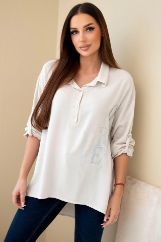 Bluzka damska wiskozowa z kołnierzykiem i nadrukiem z cyrkoniami beżowa