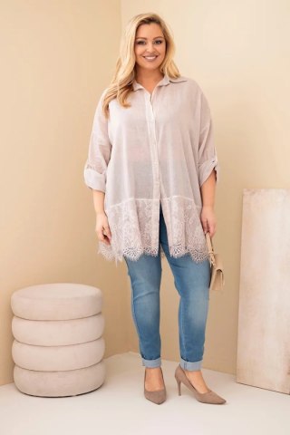 Koszula damska Plus Size bawełniana przecierana z koronkowym wykończeniem ciemno beżowa