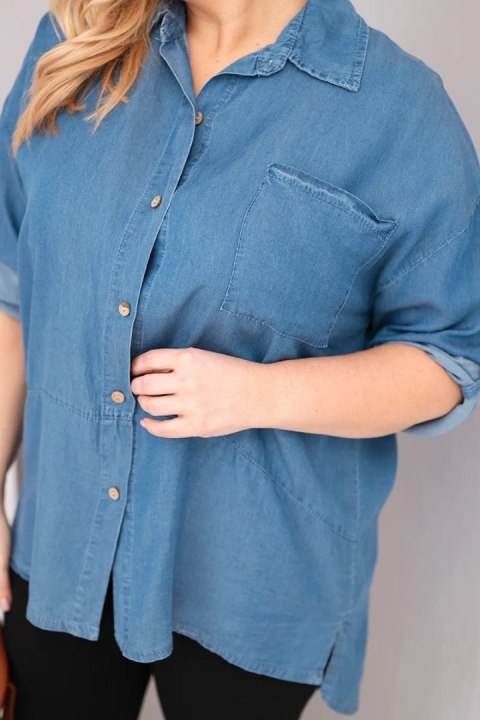 Koszula damska Plus Size z lyocellu z przedłużanym tyłem i rękawem na guzik jeansowa