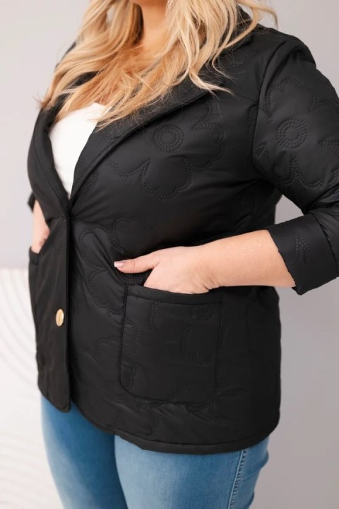 Kurtka damska Plus Size pikowana w kwiaty z kołnierzem i kieszeniami czarna