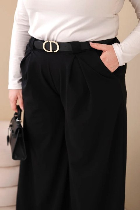 Spodnie damskie Plus Size wiskozowe z szeroką nogawką i paskiem czarne