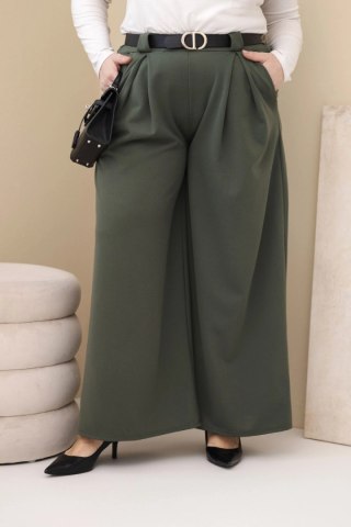 Spodnie damskie Plus Size wiskozowe z szeroką nogawką i paskiem khaki