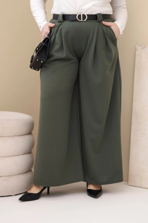 Spodnie damskie Plus Size wiskozowe z szeroką nogawką i paskiem khaki