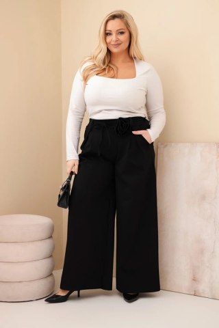 Spodnie damskie Plus Size z szeroką nogawką i ozdobnym kwiatem w talii czarne