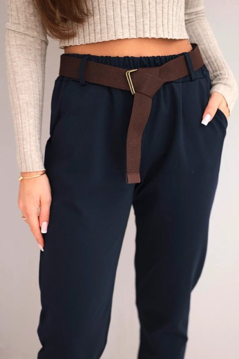 Spodnie damskie bawełniane z paskiem i podwijaną nogawką granatowe