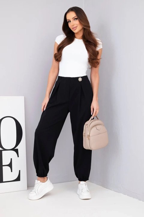 Spodnie damskie bawełniane z wysokim stanem i ozdobnym guzikiem czarne