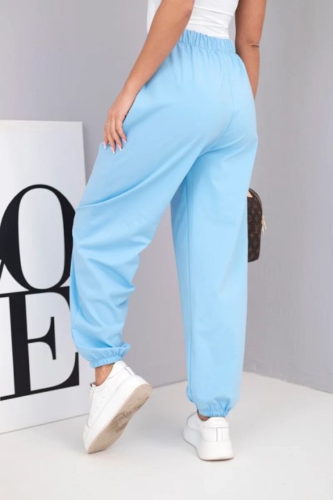 Spodnie damskie bawełniane z wysokim stanem i ozdobnym guzikiem niebieskie