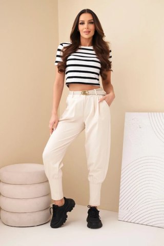 Spodnie damskie bawełniane z wysokim stanem i paskiem beżowa