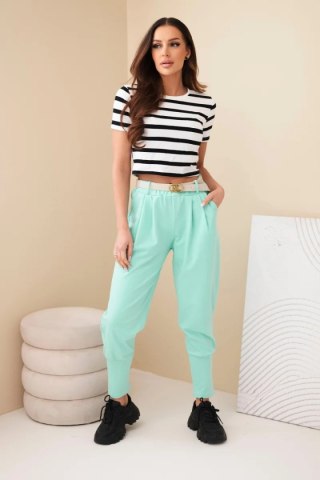 Spodnie damskie bawełniane z wysokim stanem i paskiem miętowe