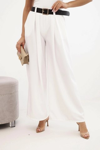 Spodnie damskie z szeroką nogawką i paskiem ecru