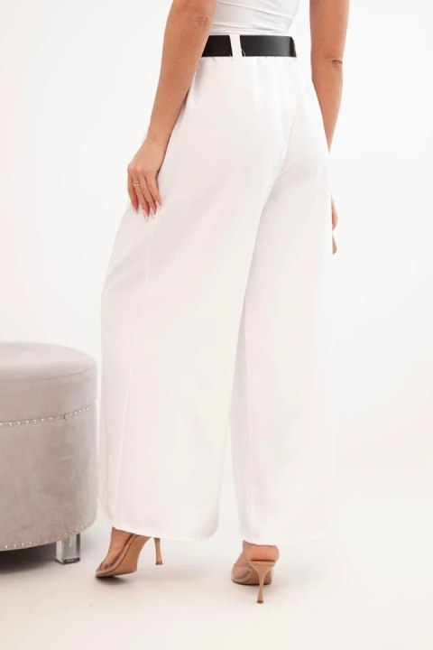 Spodnie damskie z szeroką nogawką i paskiem ecru