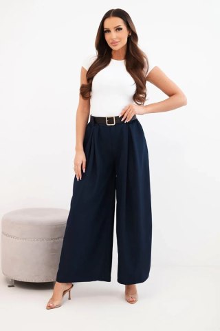 Spodnie damskie z szeroką nogawką i paskiem granatowe