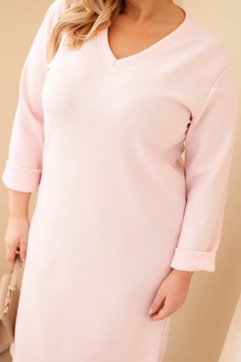 Sukienka damska Plus Size masełkowa z dekoltem V i rękawem pudrowy róż