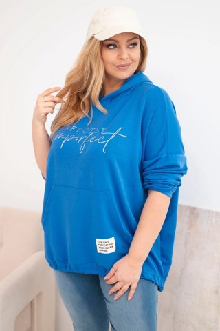 Bluza damska Plus Size z kapturem i nadrukiem chabrowa