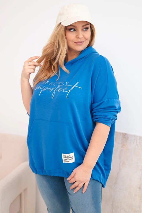 Bluza damska Plus Size z kapturem i nadrukiem chabrowa