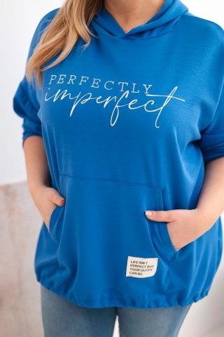 Bluza damska Plus Size z kapturem i nadrukiem chabrowa