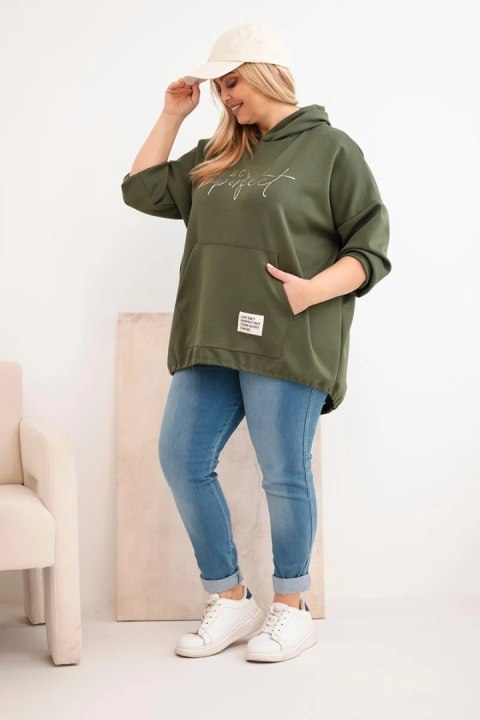Bluza damska Plus Size z kapturem i nadrukiem khaki