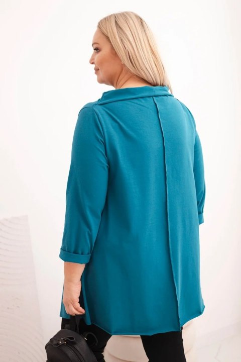 Bluzka damska bawełniana Plus Size asymetryczna z podwijanym rękawem morska
