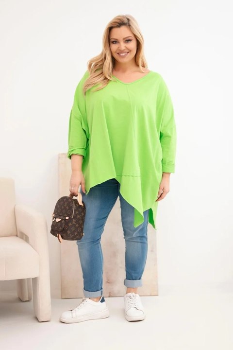 Bluzka damska bawełniana Plus Size z asymetrycznym dołem i dekoltem V jasno zielona