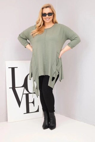 Bluzka damska bawełniana Plus Size z asymetrycznym dołem i wycięciami khaki