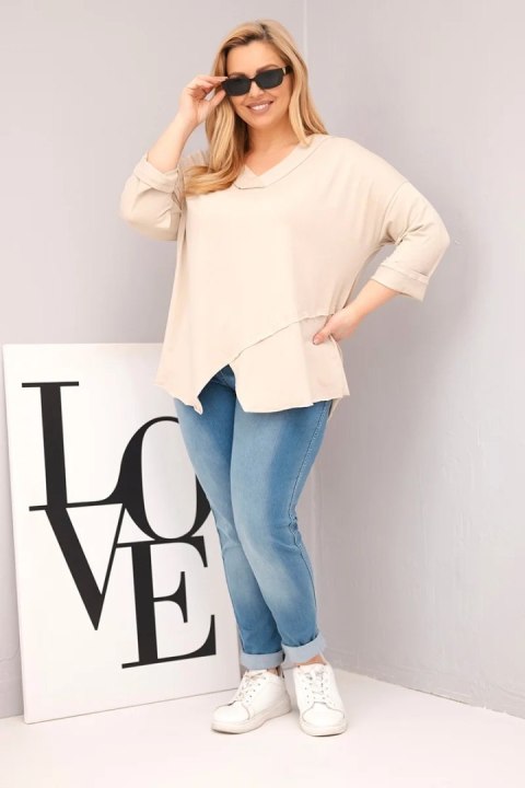 Bluzka damska bawełniana Plus Size z głębokim dekoltem V i asymetrycznym dołem beżowa