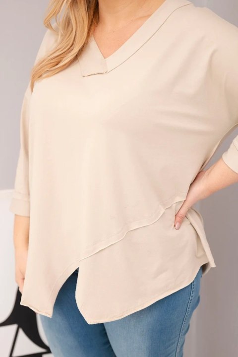 Bluzka damska bawełniana Plus Size z głębokim dekoltem V i asymetrycznym dołem beżowa